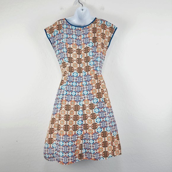 Sundance Dress 4  100% Silk A-Line Knee Length Damask Print Short Sleeve - Picture 2 of 4